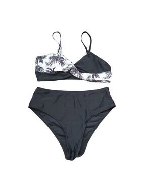 Girls 12-14 Bikini Set Black White Palm Tree Print 2 Piece Swimsuit Built In Bra